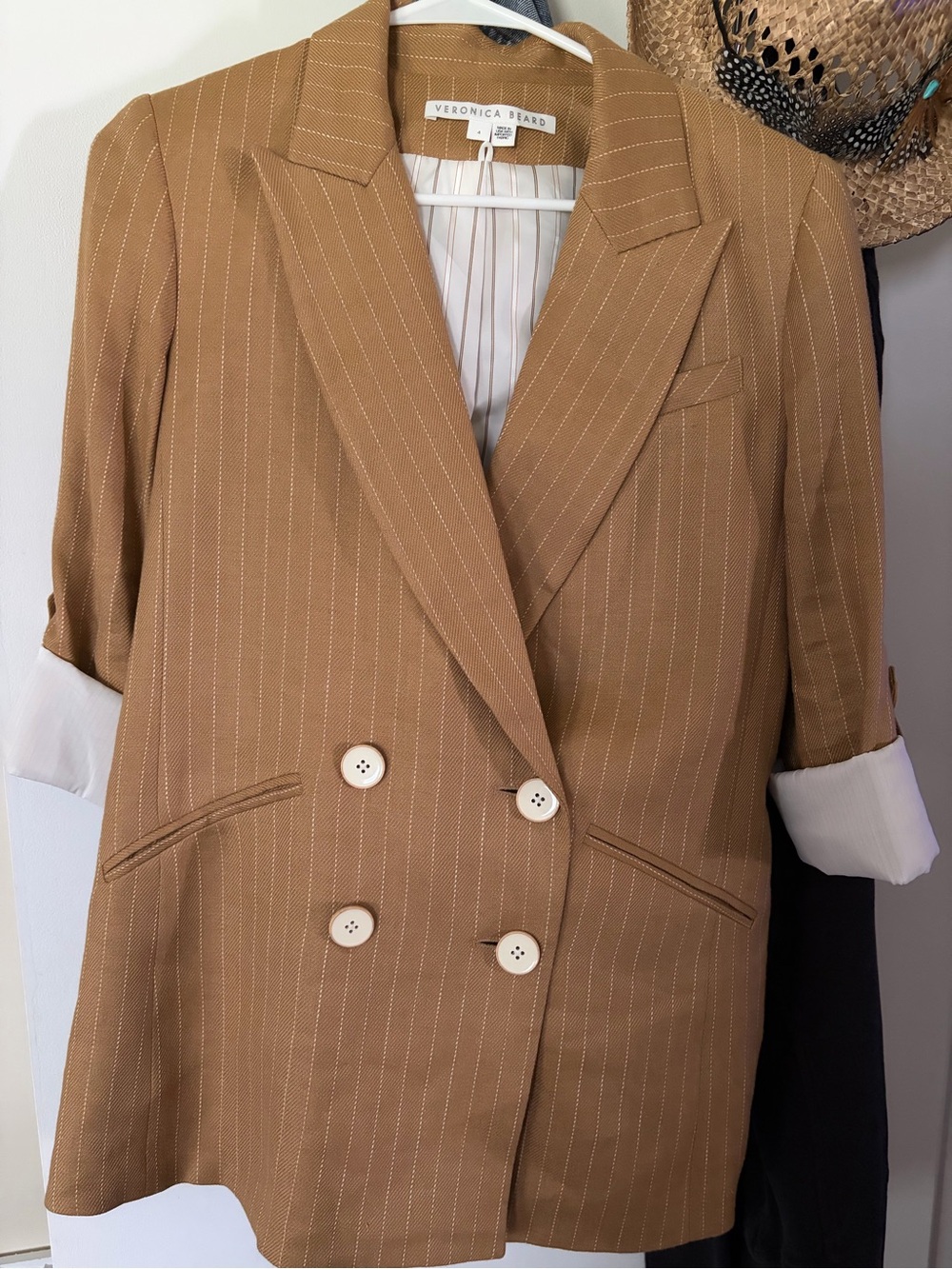 Veronica Beard Tan Pinstripe Double-Breasted Blazer Jacket